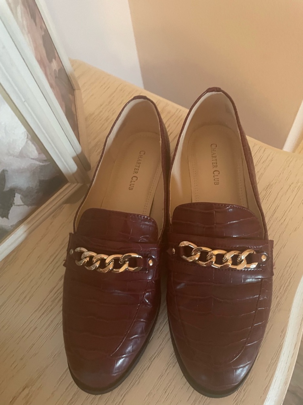 Charter Club Women's Burgundy Faux-Croc Loafers with Gold Chain.